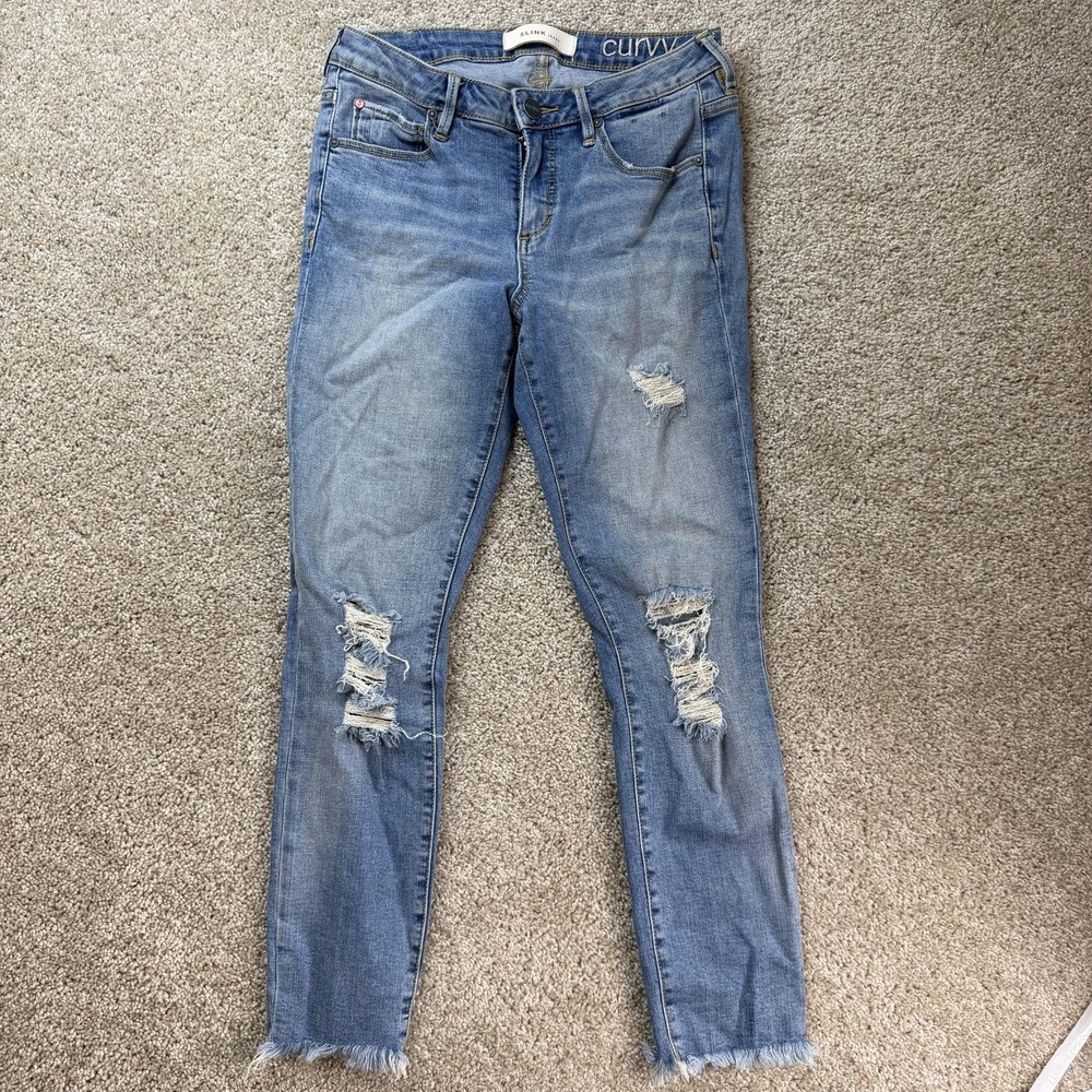 Slink Jeans Curvy Skinny Jeans Womens 6 Medium Wash Blue Distressed Fringe Denim